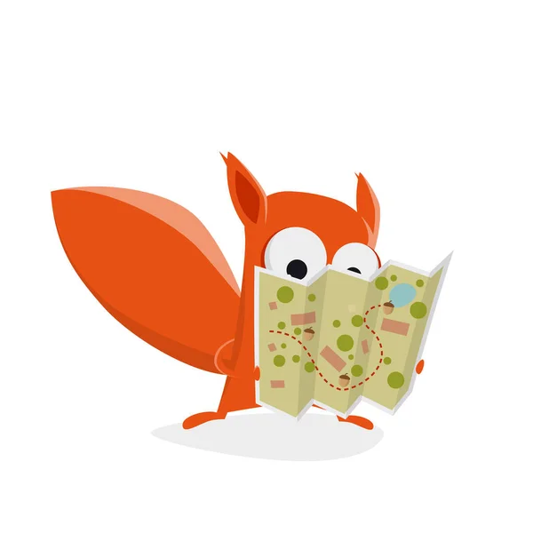 Lustiges Cartoon Eichhörnchen Hält Eine Schatzkarte Mit Nüssen — Stockvektor