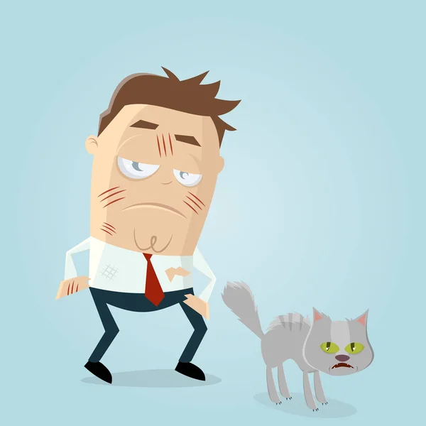Ενοχλημένος Γελοιογραφία Άνθρωπος Που Γδαρμένο Από Εξαγριωμένο Γάτα — Διανυσματικό Αρχείο