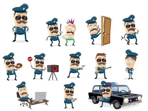 Funny Cartoon Cop Collection Various Scenes — Stock Vector