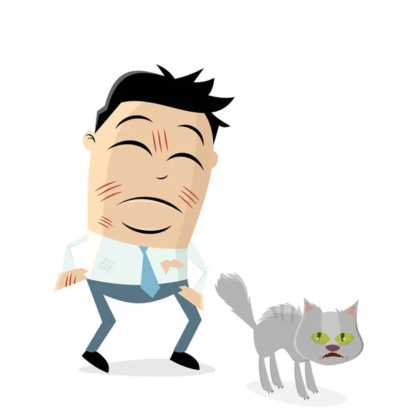 Ενοχλημένος Γελοιογραφία Άνθρωπος Που Γδαρμένο Από Εξαγριωμένο Γάτα — Διανυσματικό Αρχείο