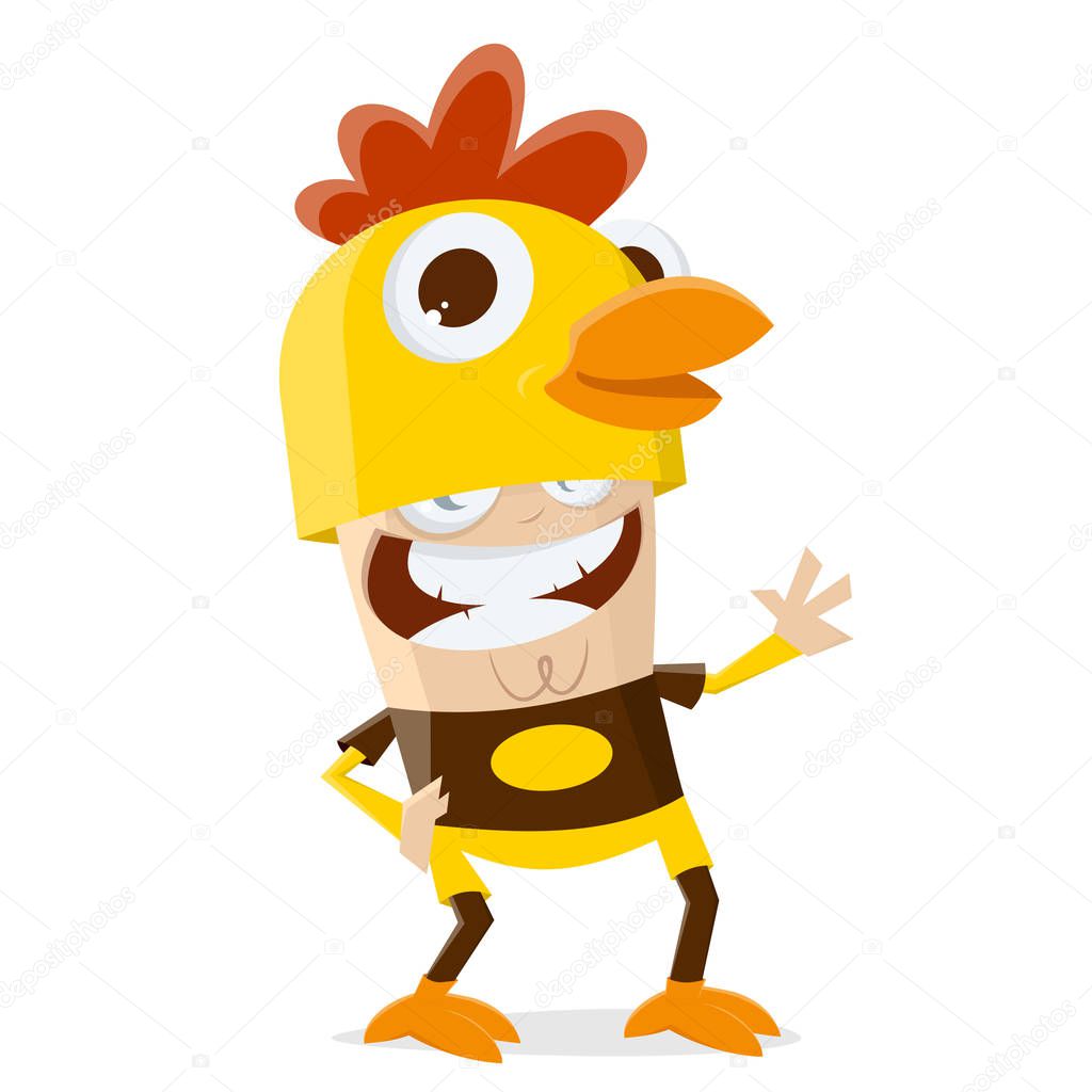  funny cartoon illustration of a man in a chicken costume
