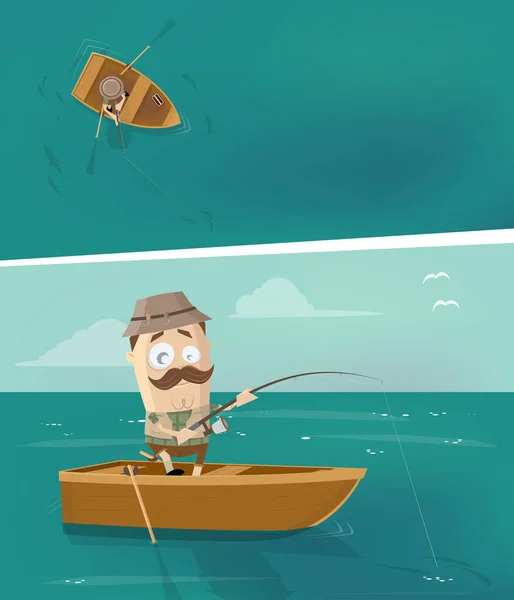 不同角度的渔船上的卡通人 — 图库矢量图片