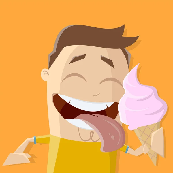 Happy Cartoon Man Licking Big Ice Cream — Stock Vector