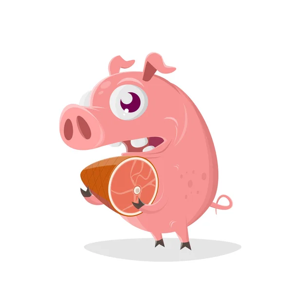 Lustige Cartoon Illustration Eines Schweins Das Einen Schinken Hält — Stockvektor