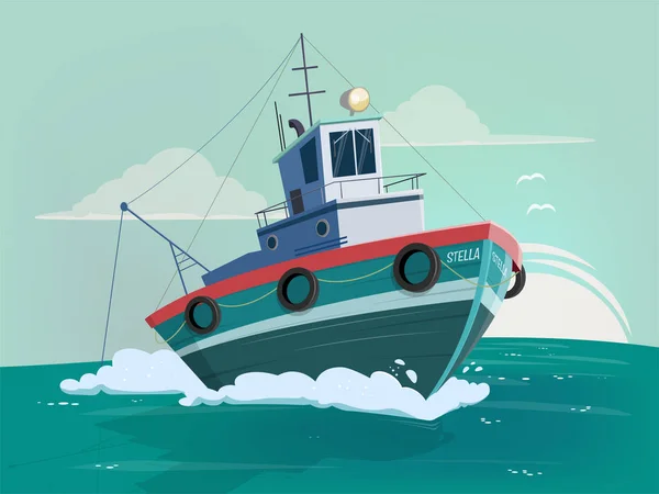 Funny Cartoon Illustration Fishing Boat — Stock Vector