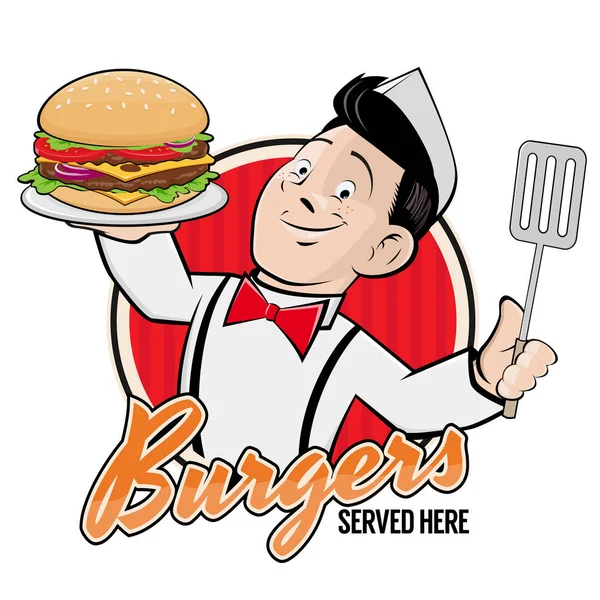 Heureux Chef Servant Délicieux Burger Signe — Image vectorielle