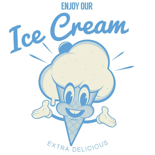 Mutlu Bir Dondurma Koni Maskotu Retro Karikatür Illüstrasyon — Stok Vektör