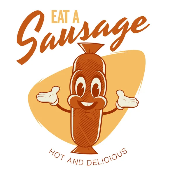 Retro Cartoon Illustration Happy Sausage Mascot — Stock Vector