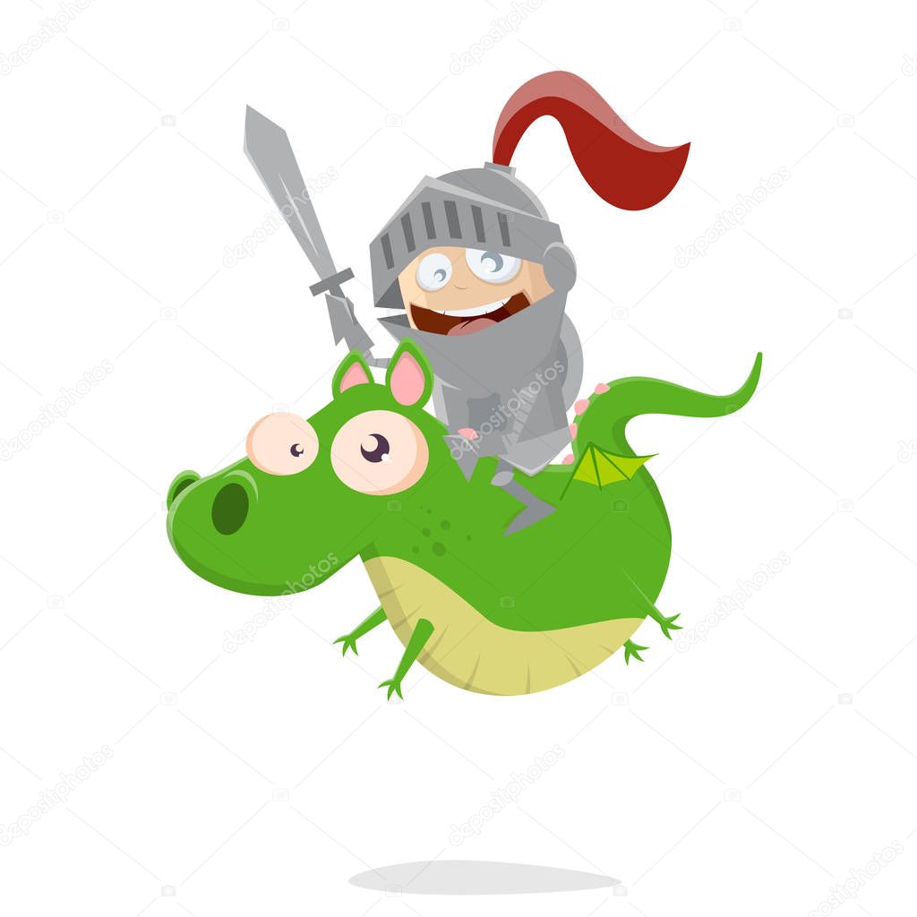 funny cartoon knight riding on a cute dragon