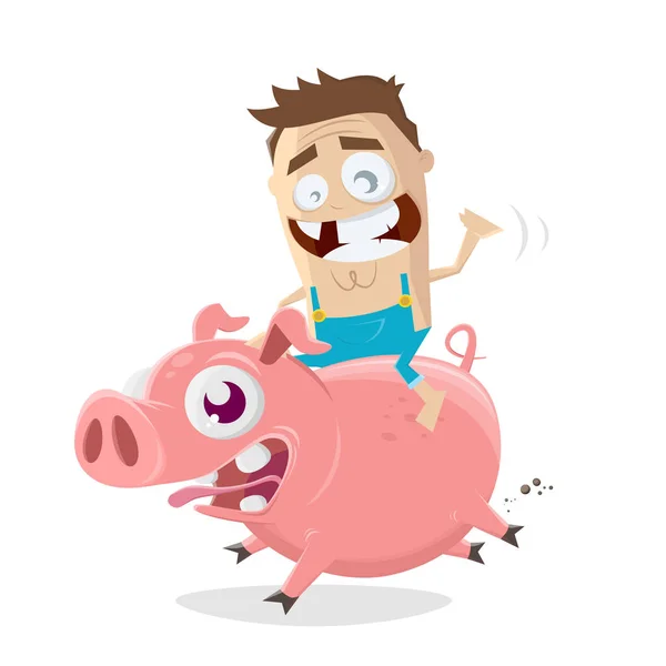 Zeichentrickillustration Eines Verrückten Bauern Der Auf Einem Schwein Reitet — Stockvektor