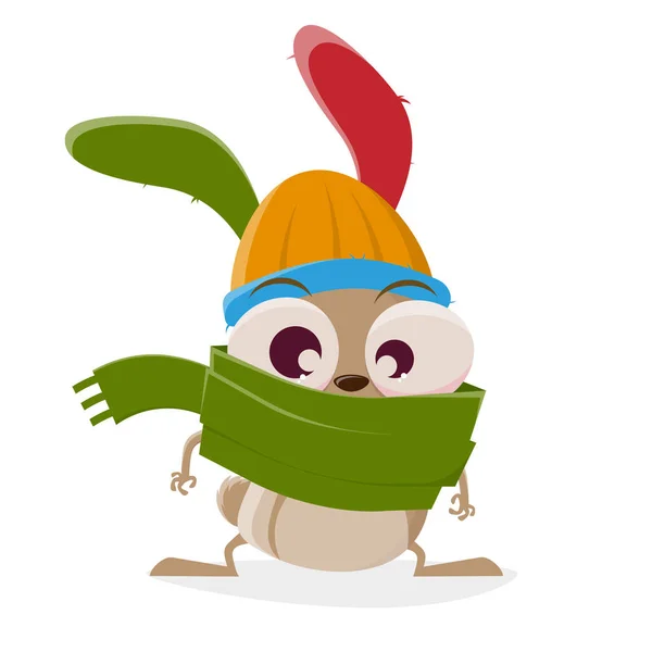 Lustige Cartoon Illustration Eines Verrückten Hasen Mit Hut Und Schal — Stockvektor