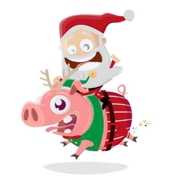 Lustige Weihnachtsmann Reiten Auf Einem Verrückten Weihnachtsschwein — Stockvektor