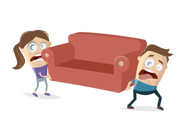 面白い漫画のカップルは 重いソファを持ち上げる必要があります移動しています — ストックベクタ