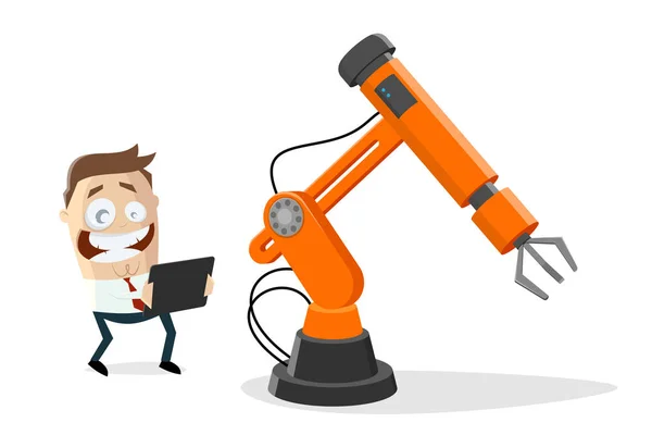 Zabawny Cartoon Biznesmen Robota Przemysłowego Tabletu — Wektor stockowy
