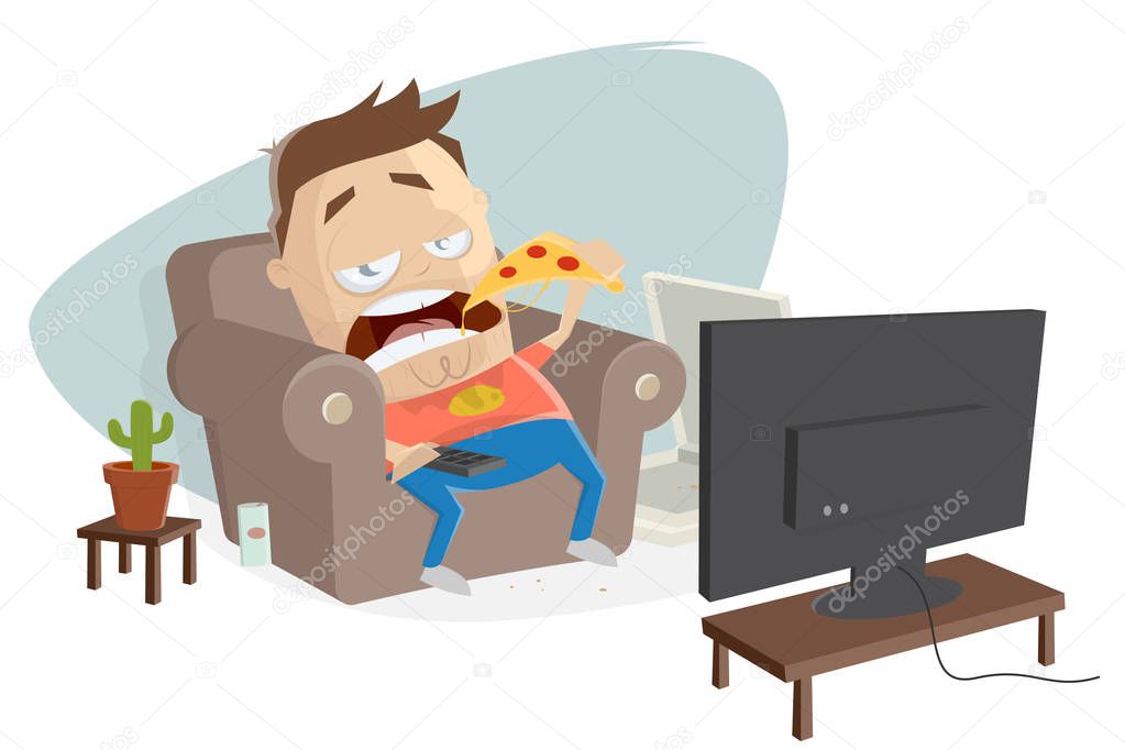 fat cartoon guy eats pizza and watches tv