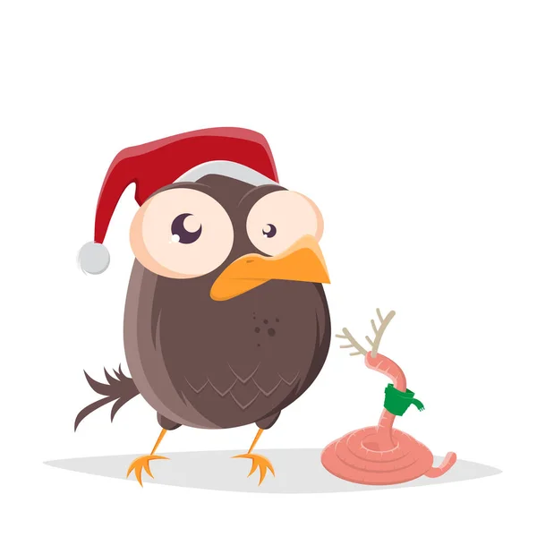 Lustige Cartoon Illustration Eines Vogels Und Eines Wurms Weihnachtskostüm — Stockvektor