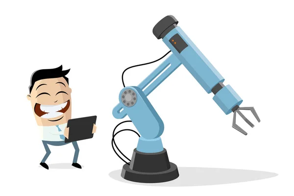 産業用ロボットとタブレットを持つアジアのビジネスマンの面白い漫画のイラスト — ストックベクタ