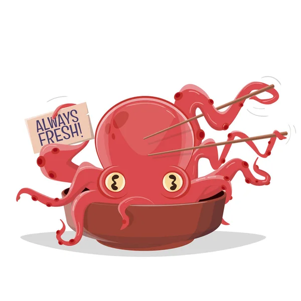 Funny Cartoon Illustration Octopus Chopsticks Sign Text Always Fresh — Stock Vector