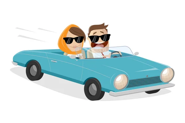 Funny Cartoon Couple Driving Classic Convertible Car — Stock Vector