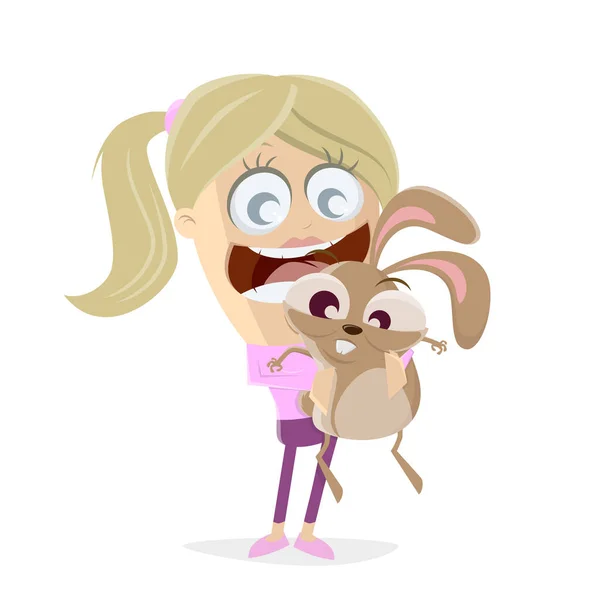 Lustige Cartoon Illustration Eines Mädchens Beim Kuscheln Mit Einem Hasen — Stockvektor