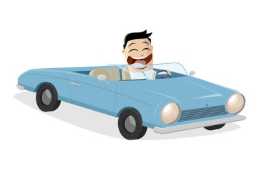 vector cartoon illustration of a happy asian businessman with classic convertible car clipart