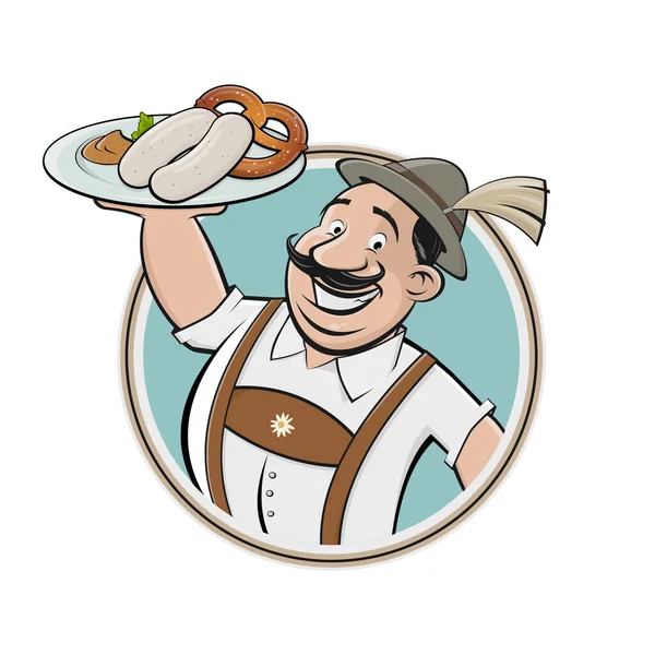 Grappig Cartoon Logo Van Bavarian Man Serveert Traditionele Bavarian Witte — Stockvector