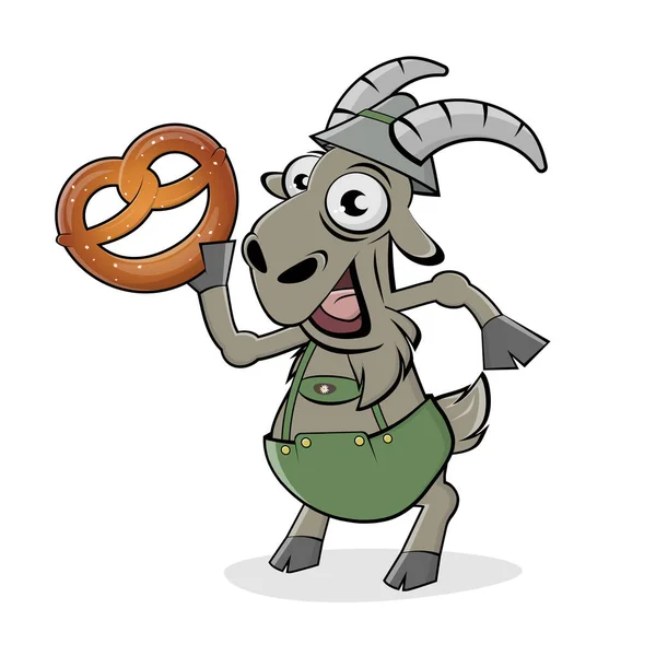 Dessin Animé Drôle Illustration Une Chèvre Bavaroise Heureuse Avec Bretzel — Image vectorielle