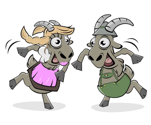 Divertida Ilustración Dibujos Animados Cabras Danzantes Lederhosen Bavariana Dirndl Bavariana — Vector de stock