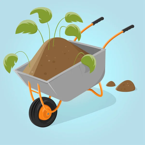 Funny Cartoon Illustration Wheelbarrow Soil Plants — Stock Vector