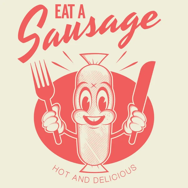 Funny Red Sausage Cartoon Logo Retro Style — Stock Vector