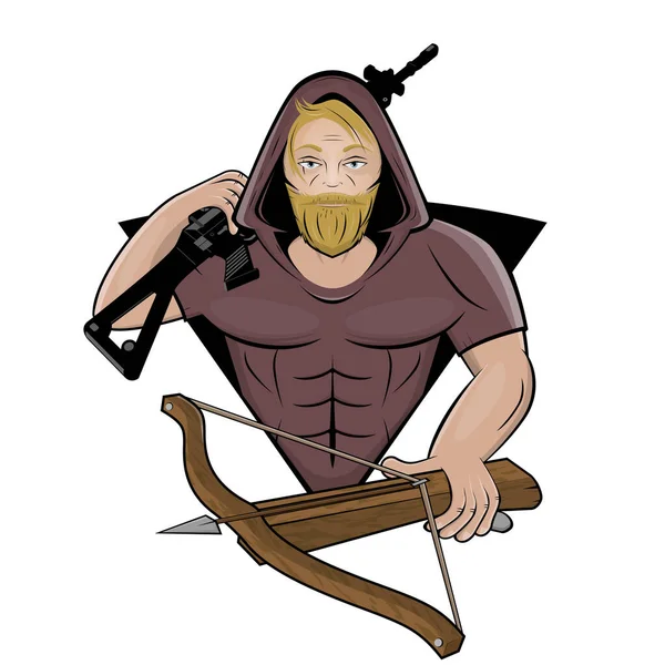 Cartoon Logo Van Een Vechter Met Pistool Kruisboog — Stockvector