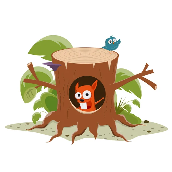 Vektorillustration Eines Lustigen Cartoon Eichhörnchens Einem Baumstumpf — Stockvektor