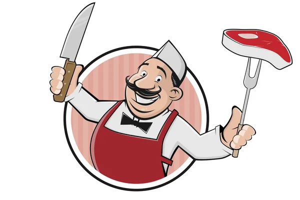 Śmieszne Kreskówki Logo Rzeźnika Stekiem Nożem — Wektor stockowy