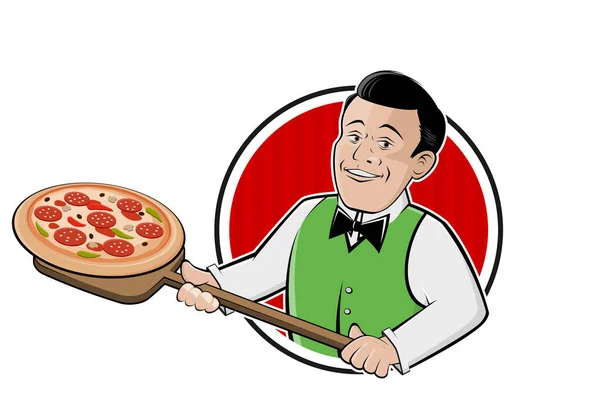 Cartoon Pizza Logo Eines Servierenden Glücklichen Mannes — Stockvektor