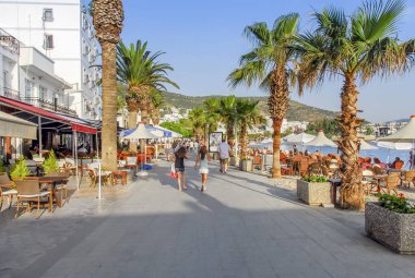 Bodrum, Türkiye, 31 Mayıs 2010: palmiye ağaçları ve Beach