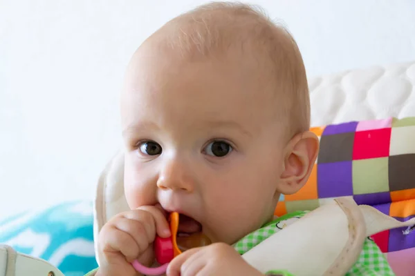 One Year Old Baby Nibbles Sucks Rubber Nipple Because His Royalty Free Stock Photos