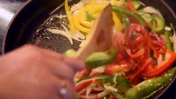 Filling Fajitas Being Cooked Pan Moved Wooden Spoon — Stock Video