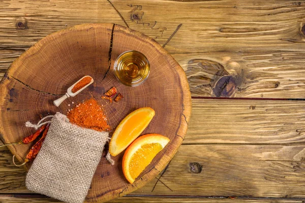 Mezcal Shot Mexican Drink Orange Slices Chili Pepper Worm Salt — Stock Photo, Image