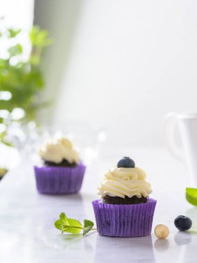 Fotokopi alanı ile beyaz doğal mermer masada mor şal yaban mersini ve fındık ile Cupcake.