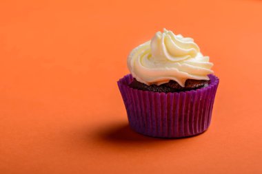 Mercan rengi arka plan üzerinde mor şal Cupcake. Minimal. Kopyalama alanı.