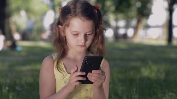 Een Meisje Zit Gras Een Park Een Zonnige Zomerdag Communiceert — Stockvideo