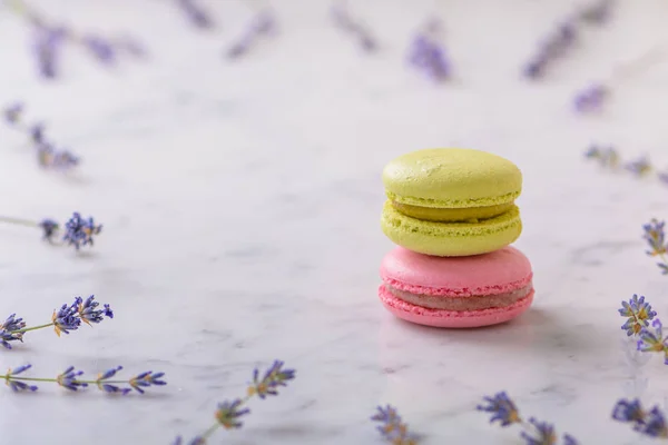 Zwei Macarons auf weißem Marmortisch und Lavendelzweige rund um Macarons mit Kopierraum. — Stockfoto