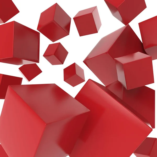 Rode Blokjes Illustratie Vliegende Kubussen Een Witte Achtergrond — Stockfoto