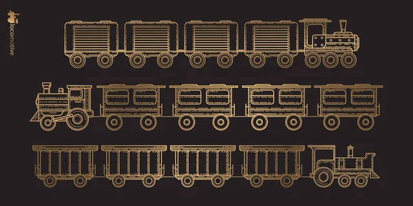 Conjunto Locomotoras Retro Vector Tren Pasajeros Sobre Fondo Negro — Vector de stock