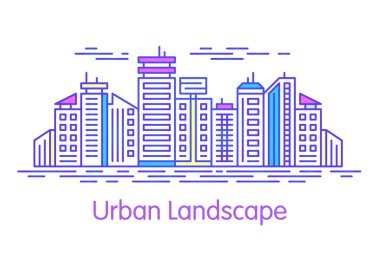 Şehir manzarası. Downtown manzara yüksek gökdelenler ile. Bina, çizgi vektör çizim