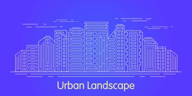 Şehir manzarası. Downtown manzara yüksek gökdelenler ile. Bina, çizgi vektör çizim