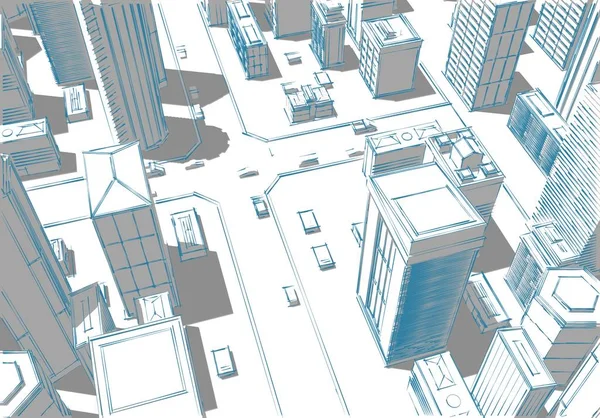 Grattacieli della città vista dall'alto .Grandi città paesaggi urbani ed edifici .rendering 3D - Illustrazione  . — Foto Stock
