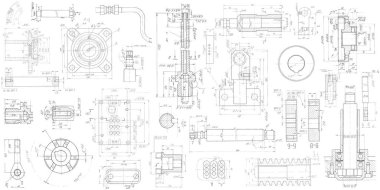 Mühendislik mekanik parçaları bir dizi . Vektör mühendisliği illüstrasyon. Teknik çizim arka planı .