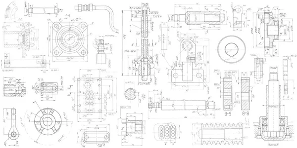 Een set van technische mechanische onderdelen. Vector techniek illustratie. Technische tekening achtergrond . — Stockvector