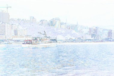 Gemi ile Seascape . Cityscape suluboya -vektör illüstrasyon .